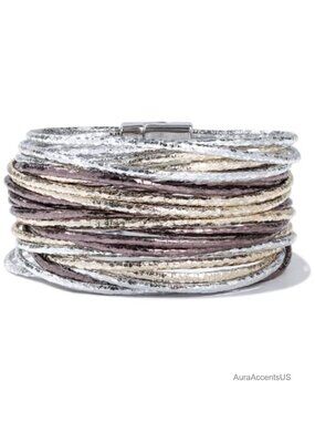 Layered Wrap Bracelet Stackable Bangle Boho Chunky Thick Faux Leather Magnetic